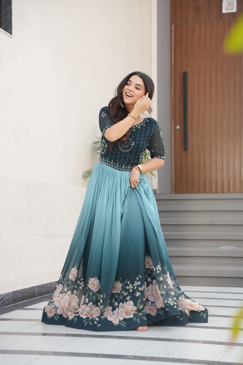 Rama color faux blooming gown with price
