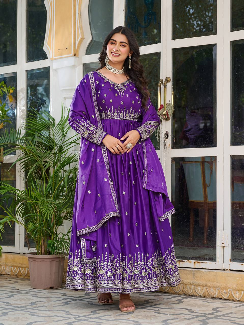 Embroidered Anarkali Gown Set with Dupatta Royal Purple / XL Embroidered Anarkali Gown Set with Dupatta Royal Purple / XL