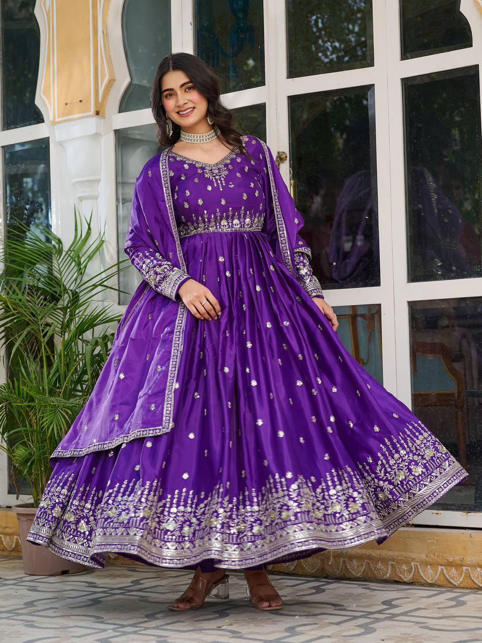 Purple color american silk gown with dupatta images