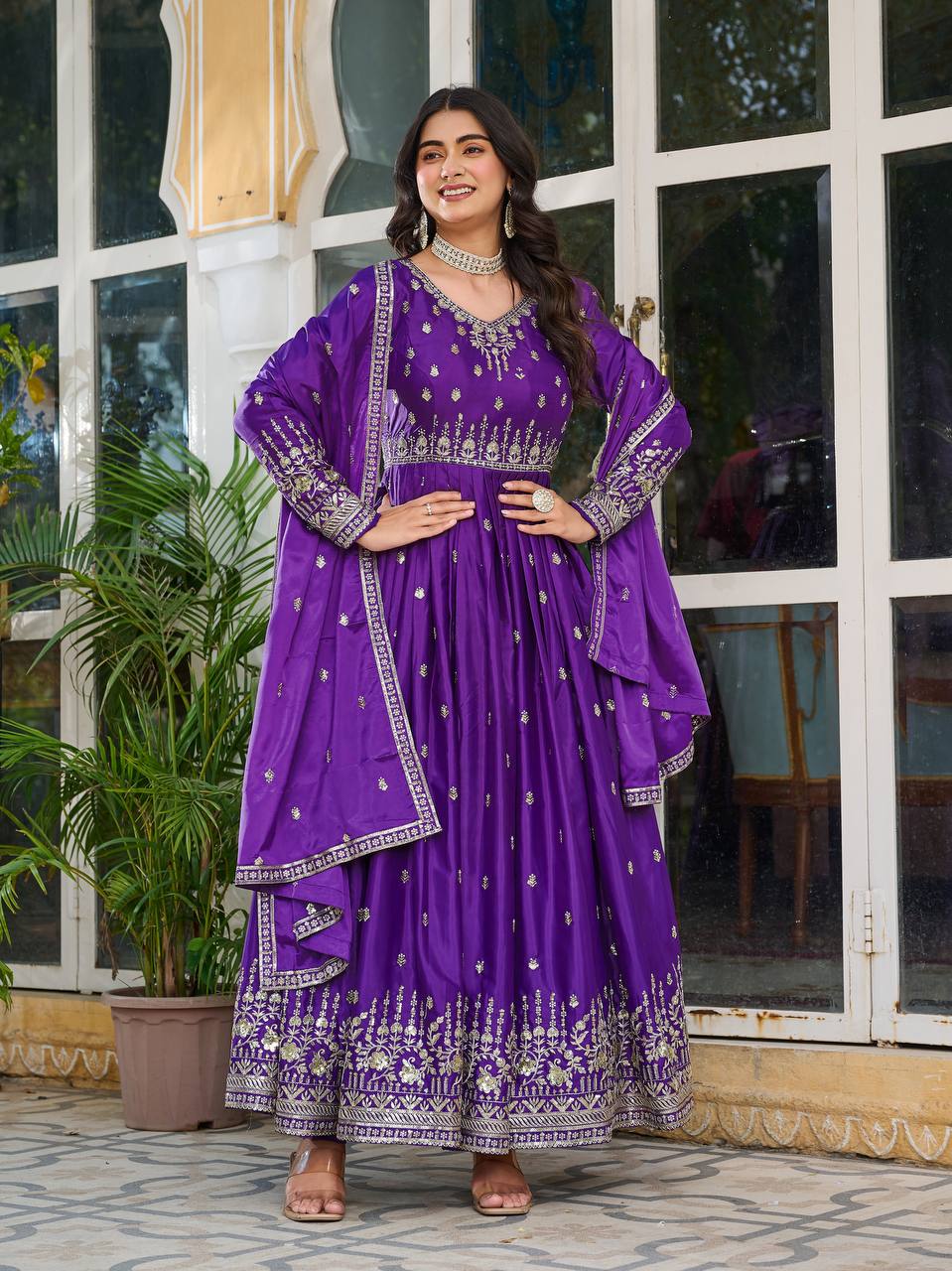 Purple color american silk gown with dupatta price