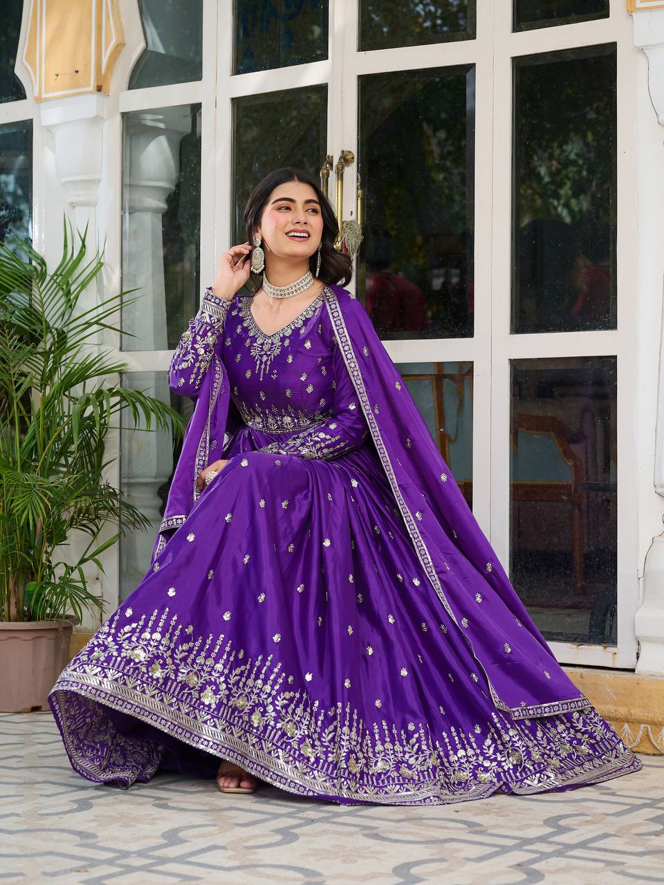 Purple color american silk gown with dupatta