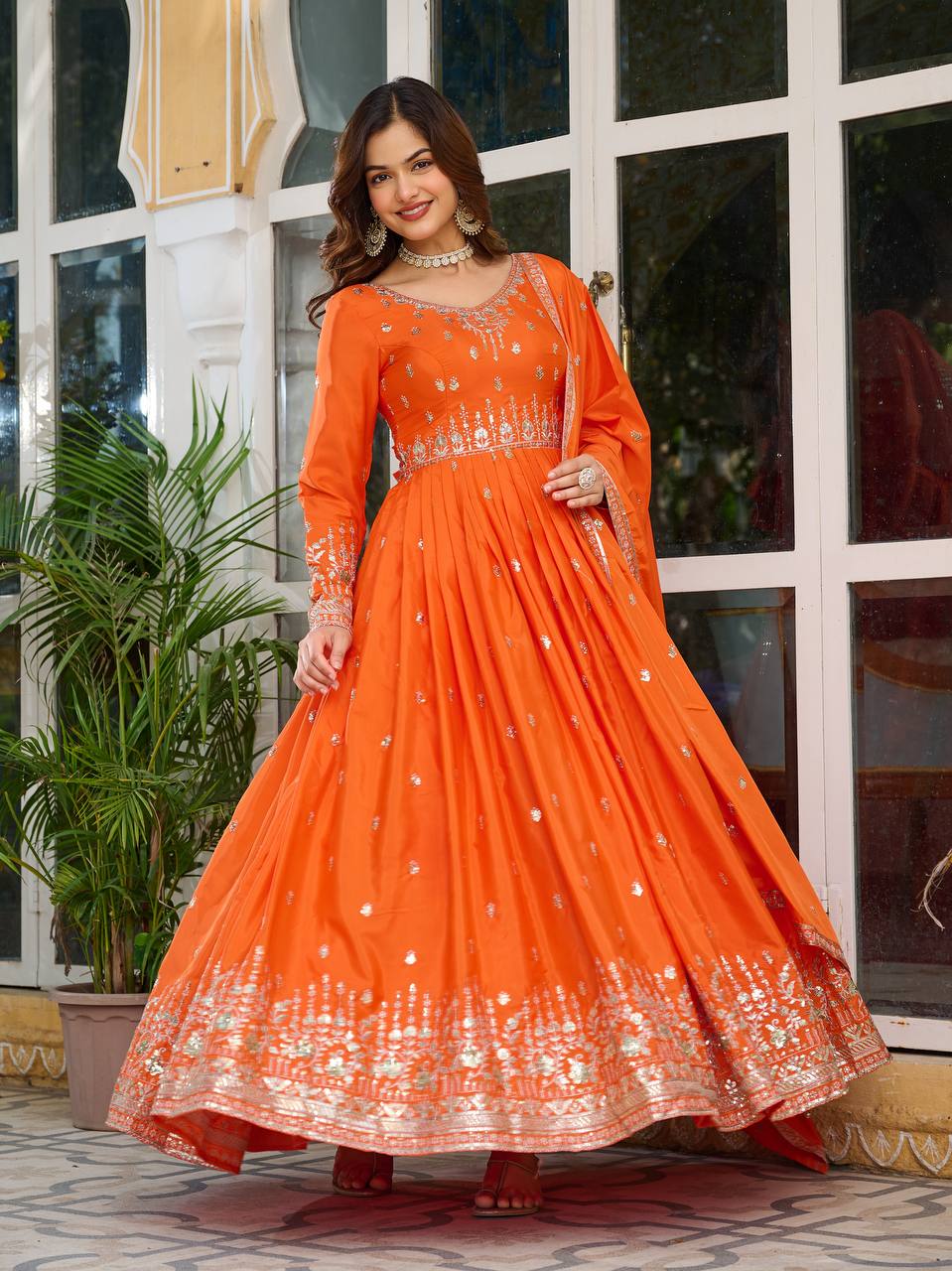 Women's Orange Colour American Silk Embroidery Work Fully Stitched Gown Orange / XL | Trendia Global Women's Orange Colour American Silk Embroidery Work Fully Stitched Gown Orange / XL | Trendia Global