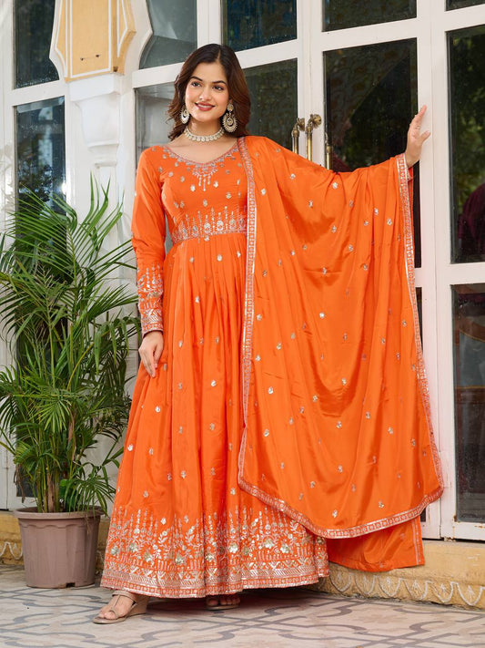 Orange color american silk gown for wedding