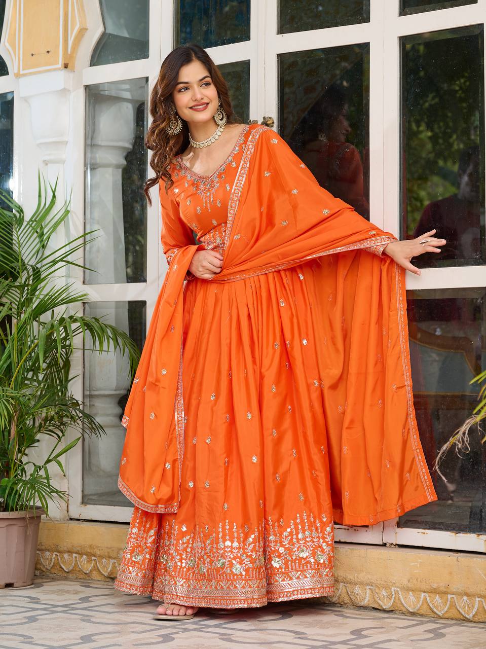 Orange color american silk gown with dupatta price