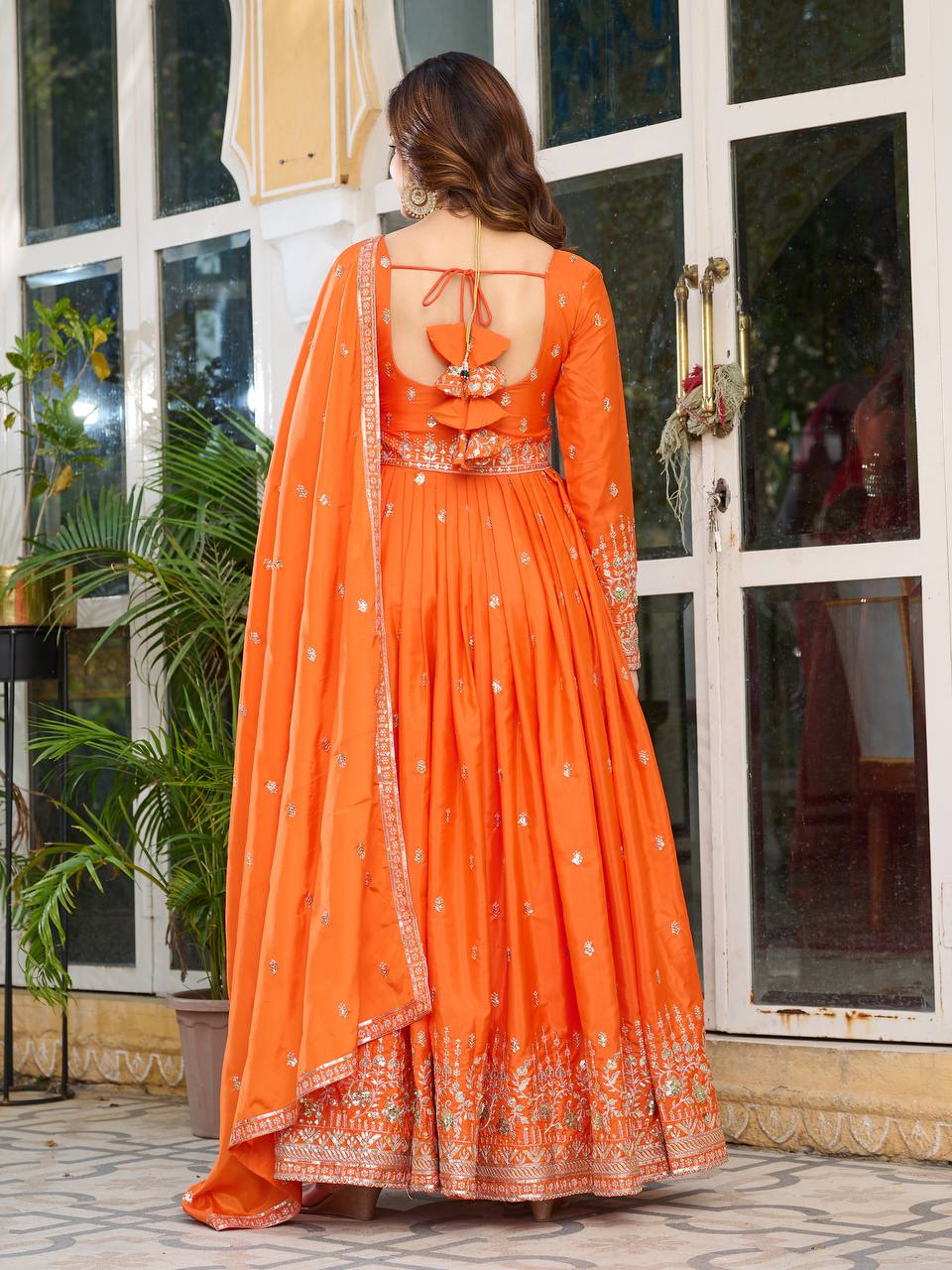 Orange color american silk gown for party