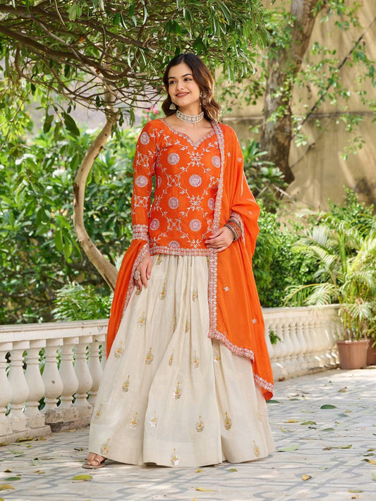 Orange color chinon lehenga choli for wedding