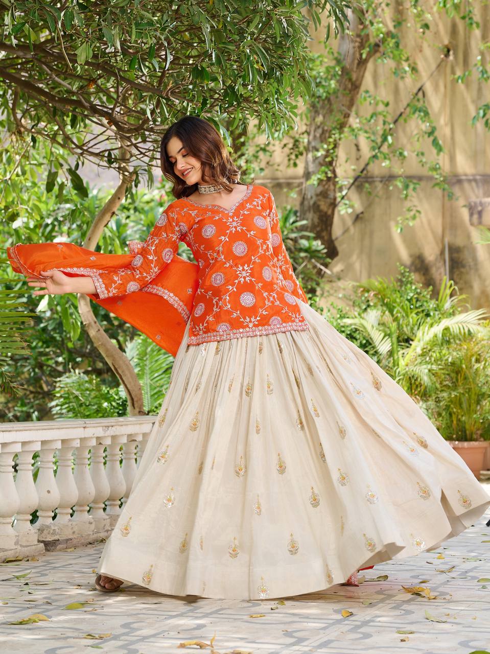 Orange color chinon lehenga with kurti design