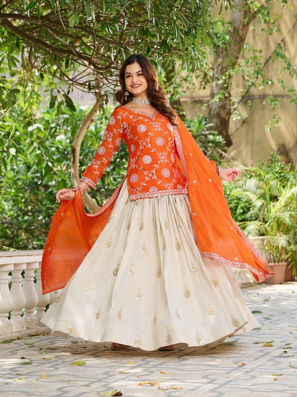 Orange color chinon lehenga with kurti online shopping
