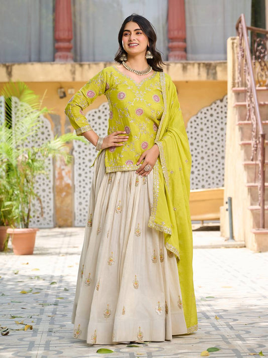 Green color chinon lehenga choli for wedding