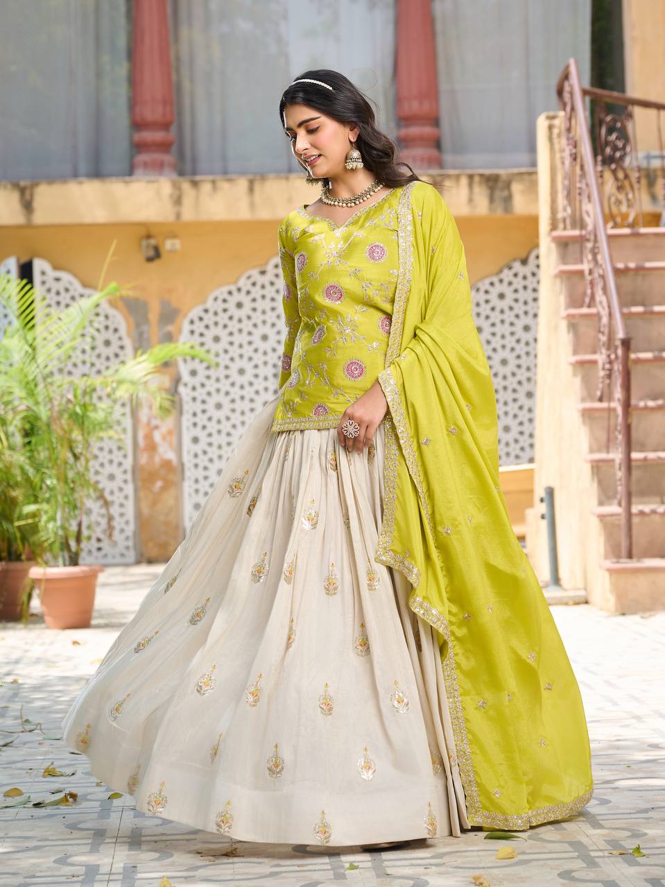 Green color chinon lehenga with kurti for party