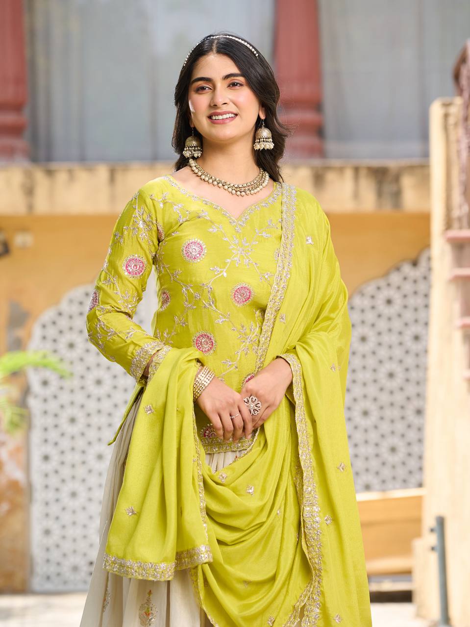 Green color chinon lehenga with kurti for online