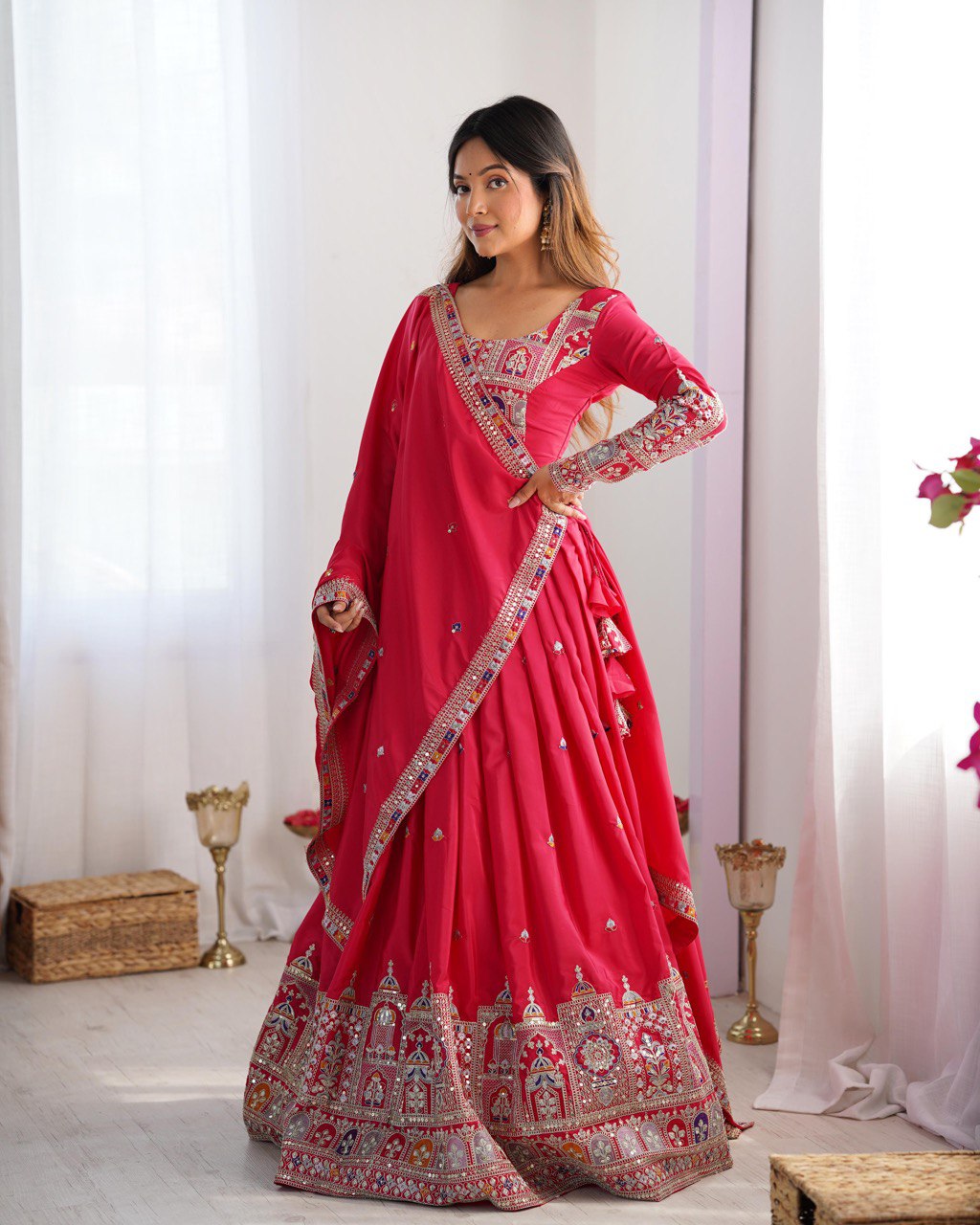 Pink color crepe silk saree with blouse online