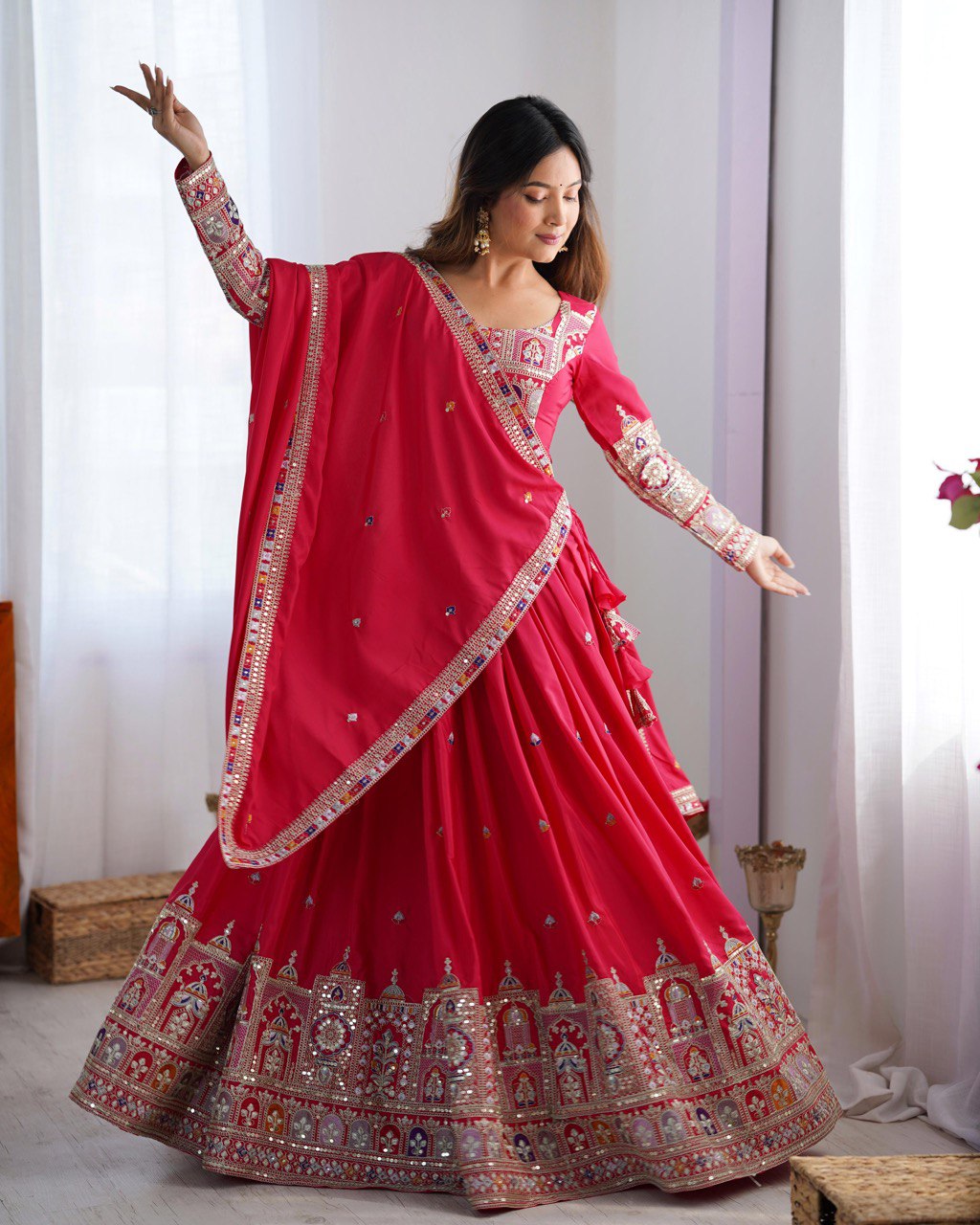 Pink color crepe silk saree with blouse online shopping