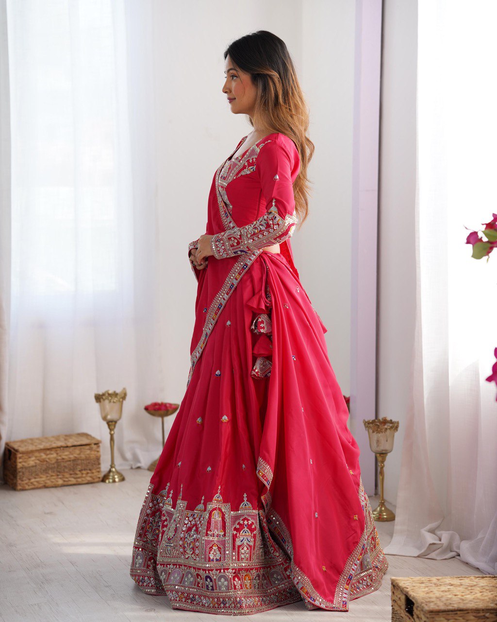 Pink color crepe silk saree with blouse images
