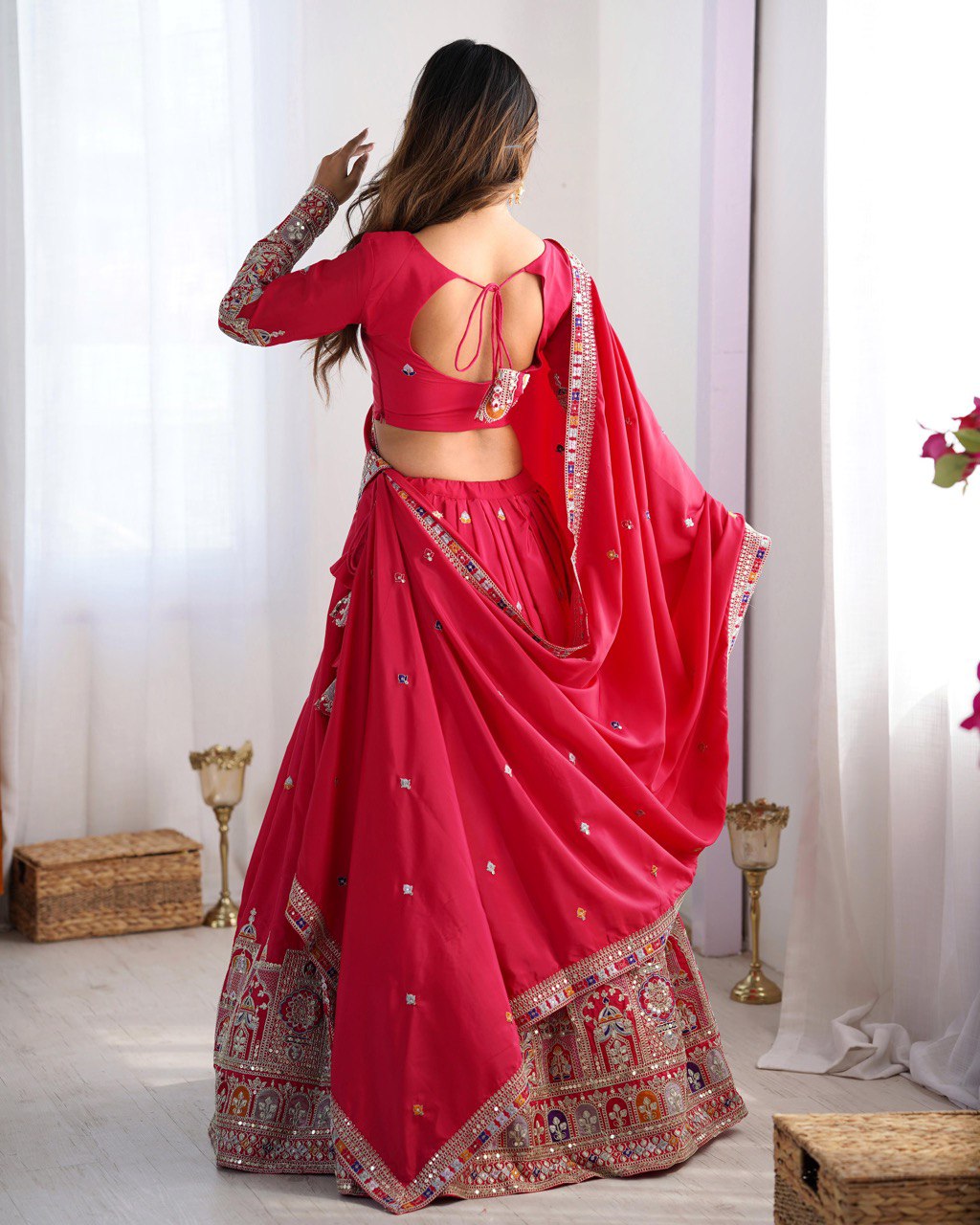 Pink color crepe silk saree with blouse price