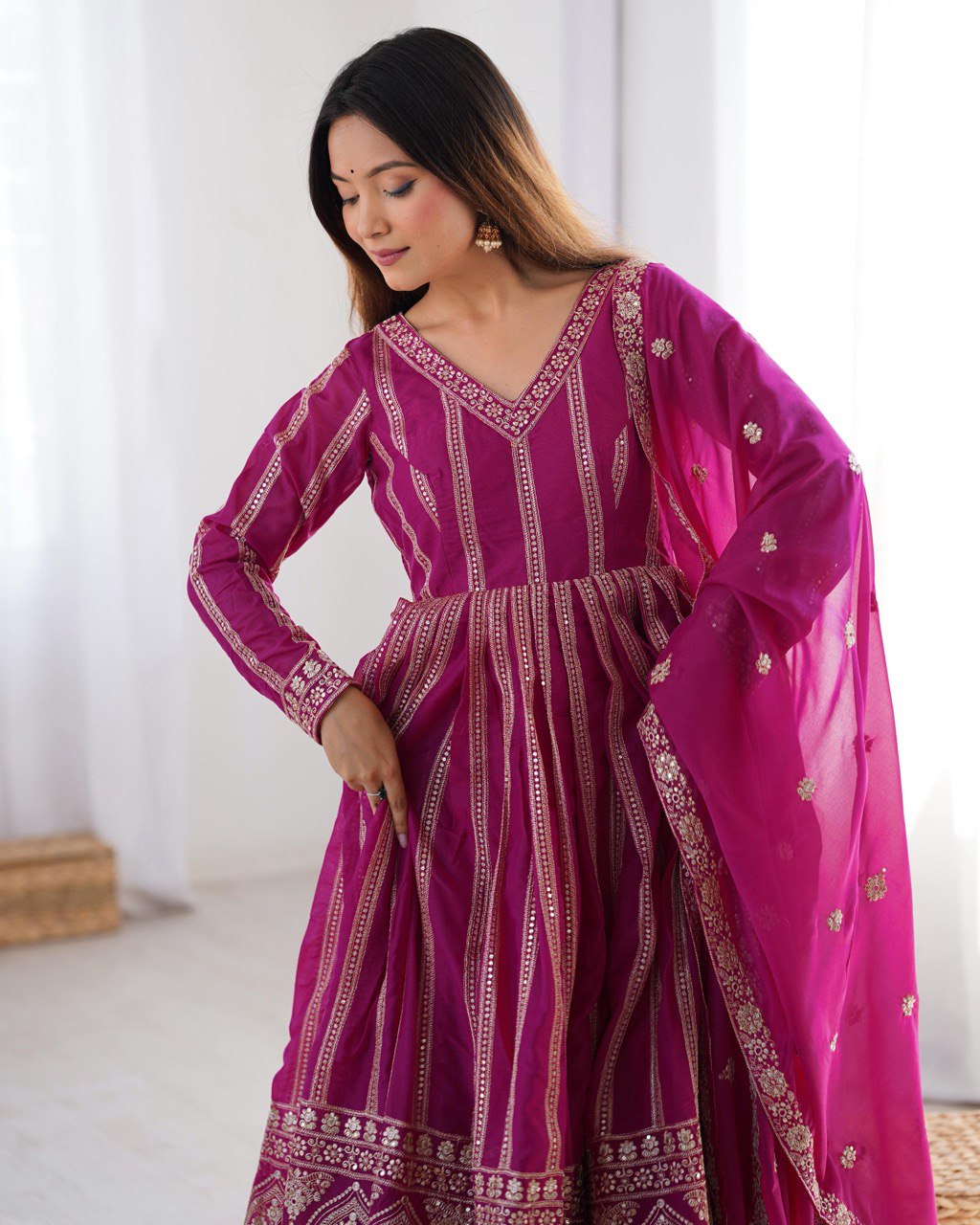 Pink color georgette gown with dupatta price