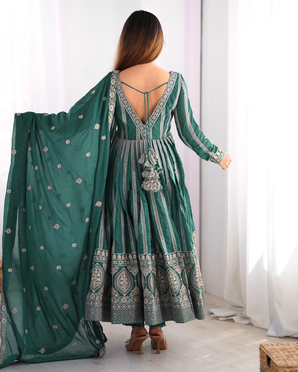 Green color star georgette gown with dupatta