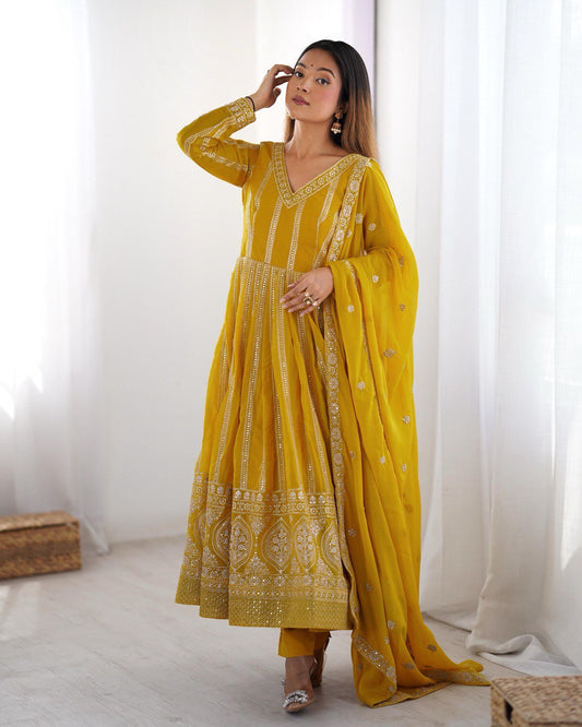 Yellow color star georgette gown for wedding