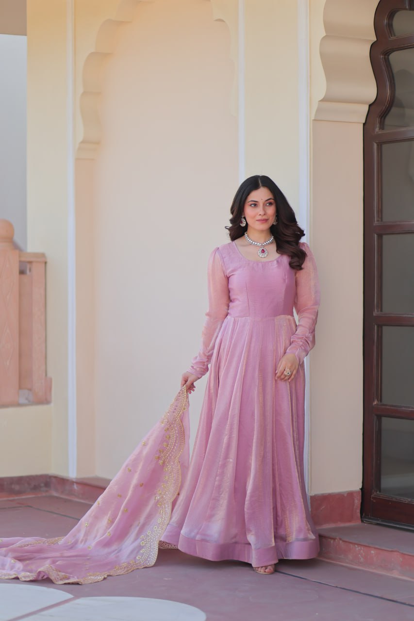 Pink color fendy chiffon long gown with online