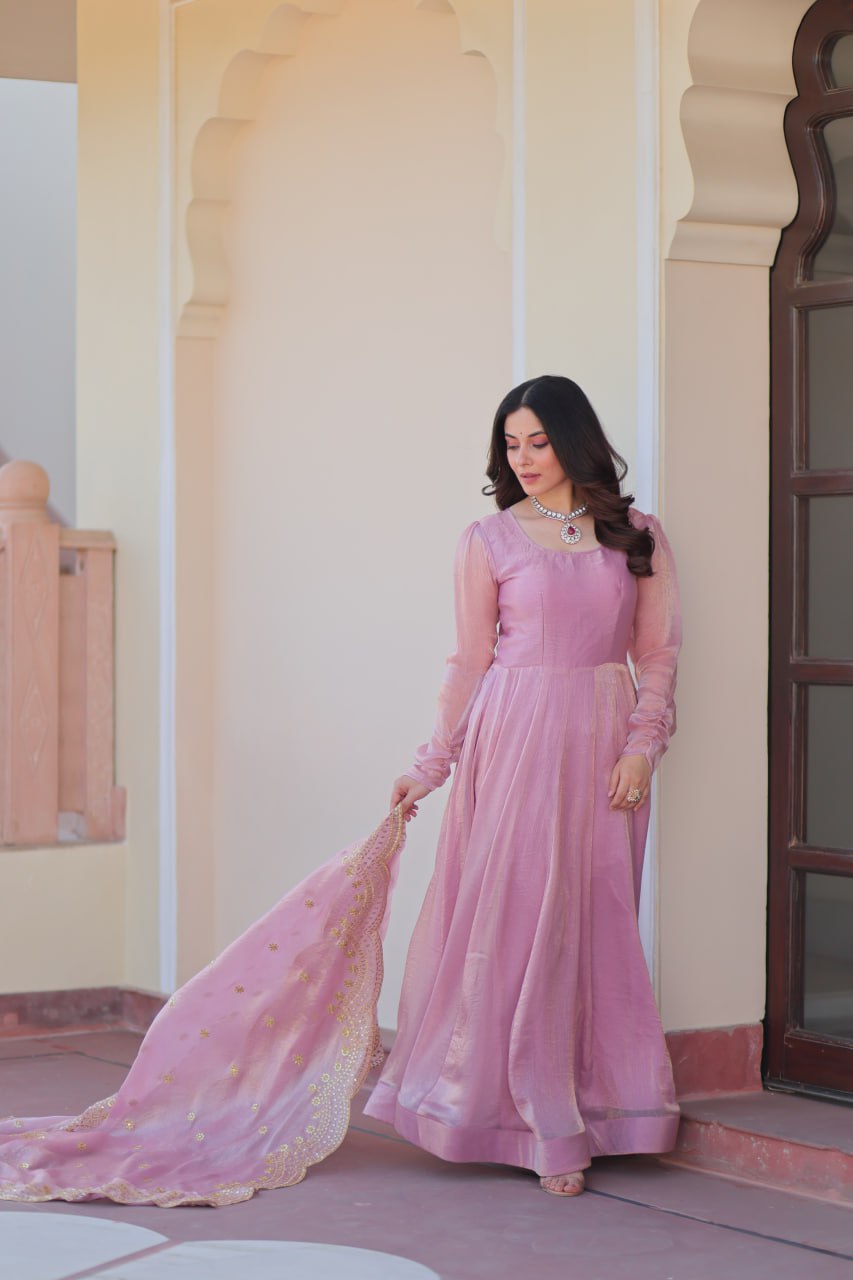 Pink color fendy chiffon long gown with dupatta