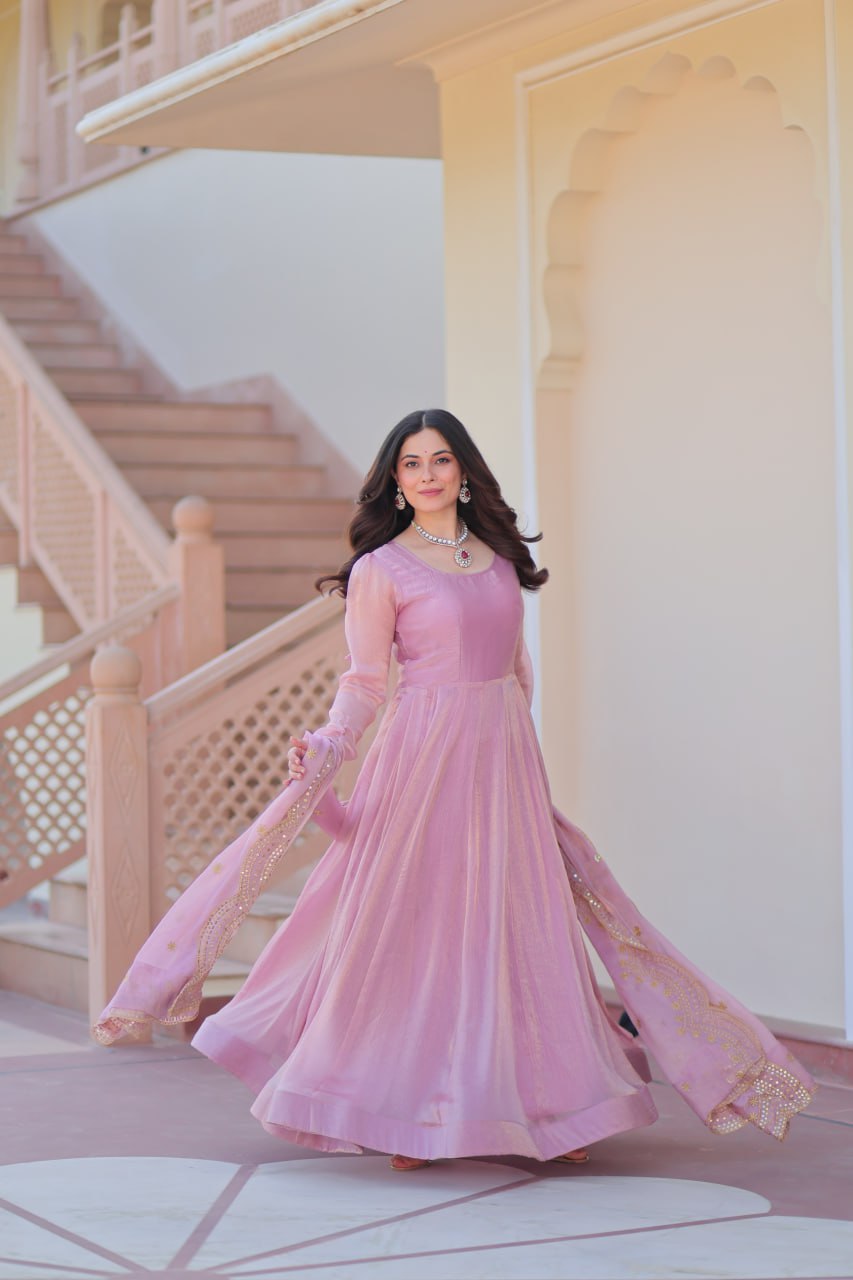 Pink color fendy chiffon long gown with online shopping