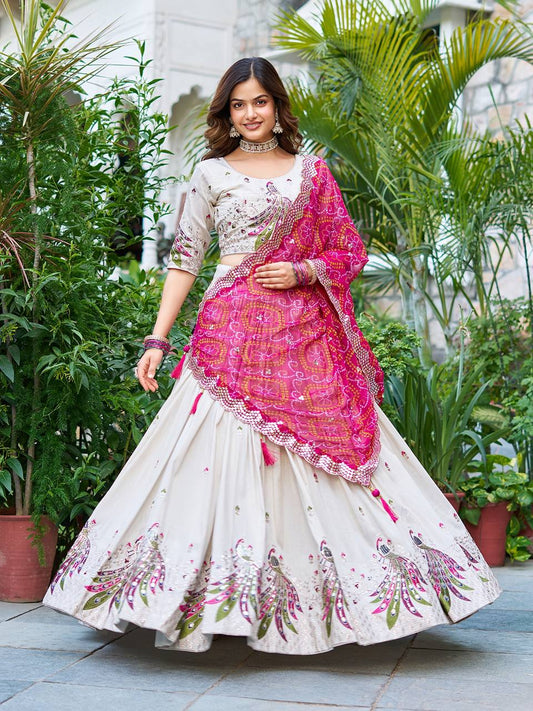 Off white color tissue silk lehenga choli for wedding