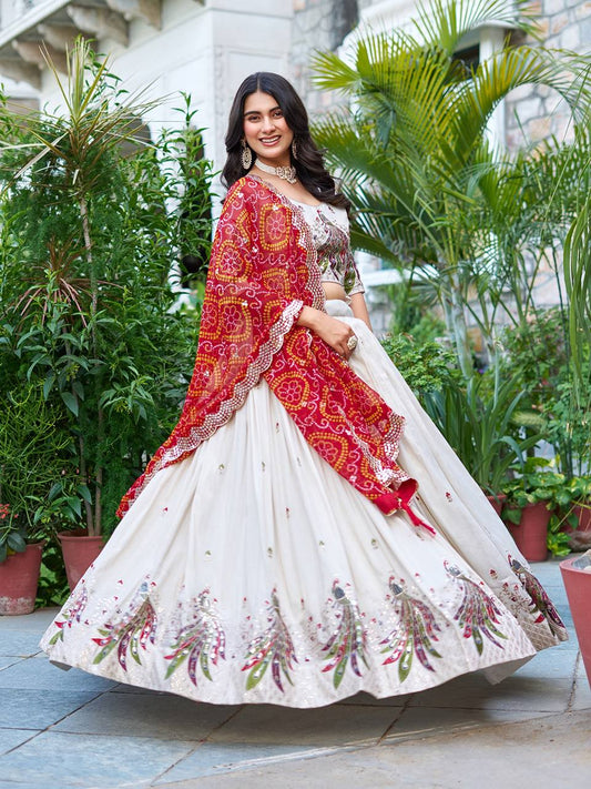 Off white color tissue silk lehenga choli for wedding
