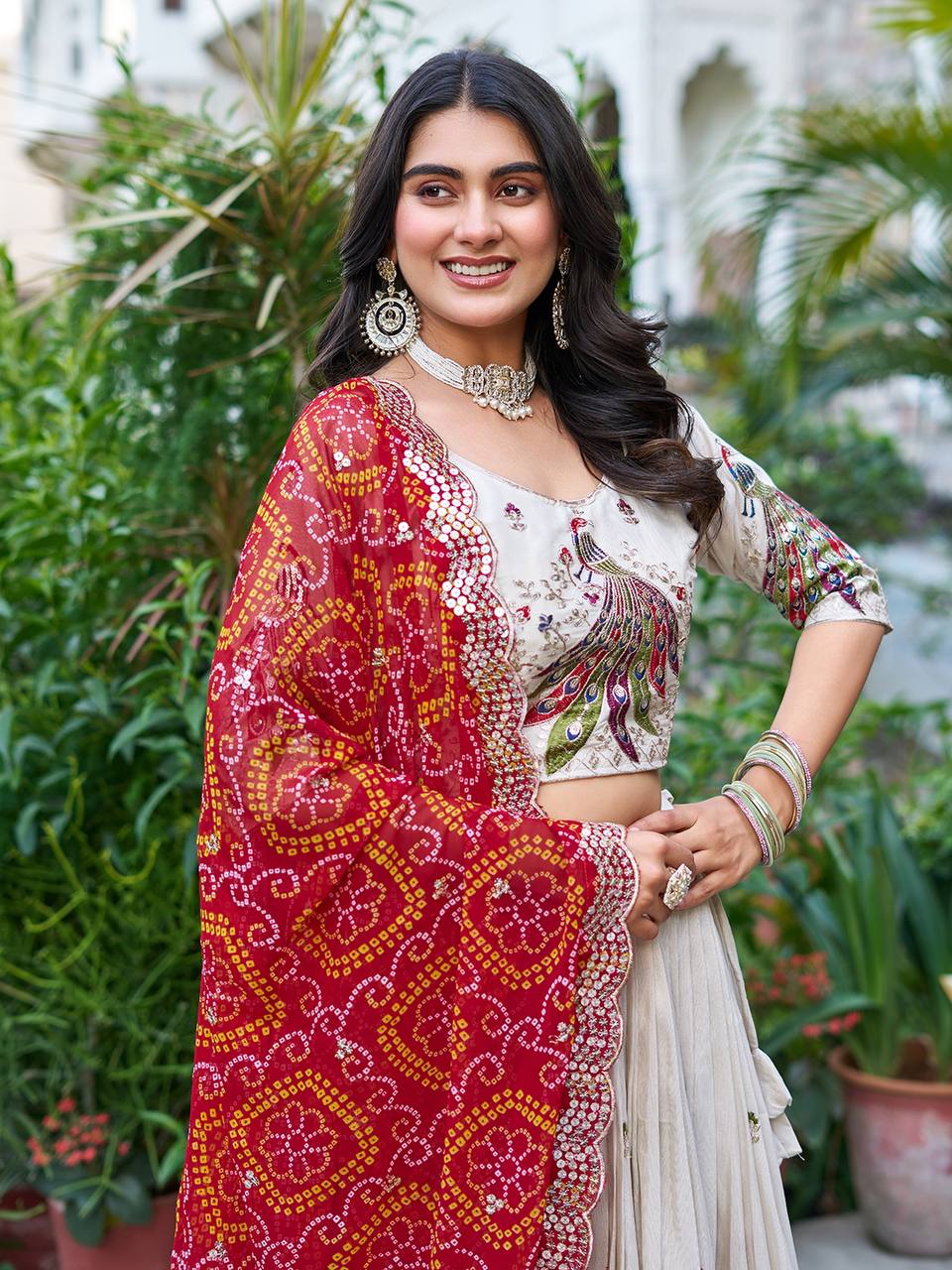 Off white color tissue silk lehenga choli with dupatta price