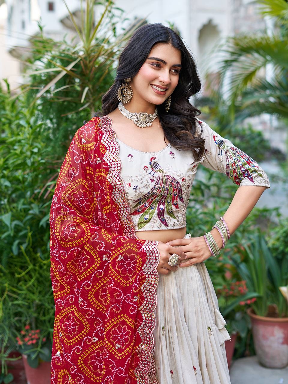 Off white color tissue silk lehenga choli with dupatta images
