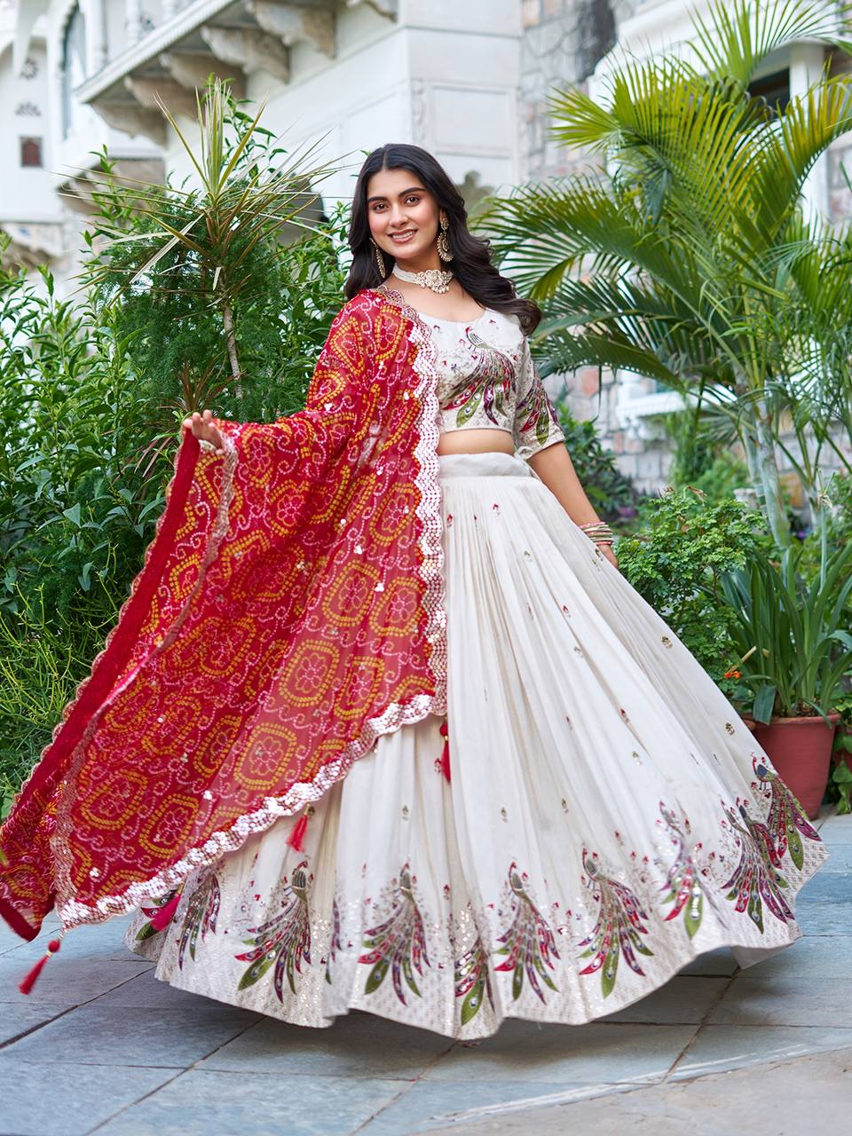 Off white color tissue silk lehenga choli for women