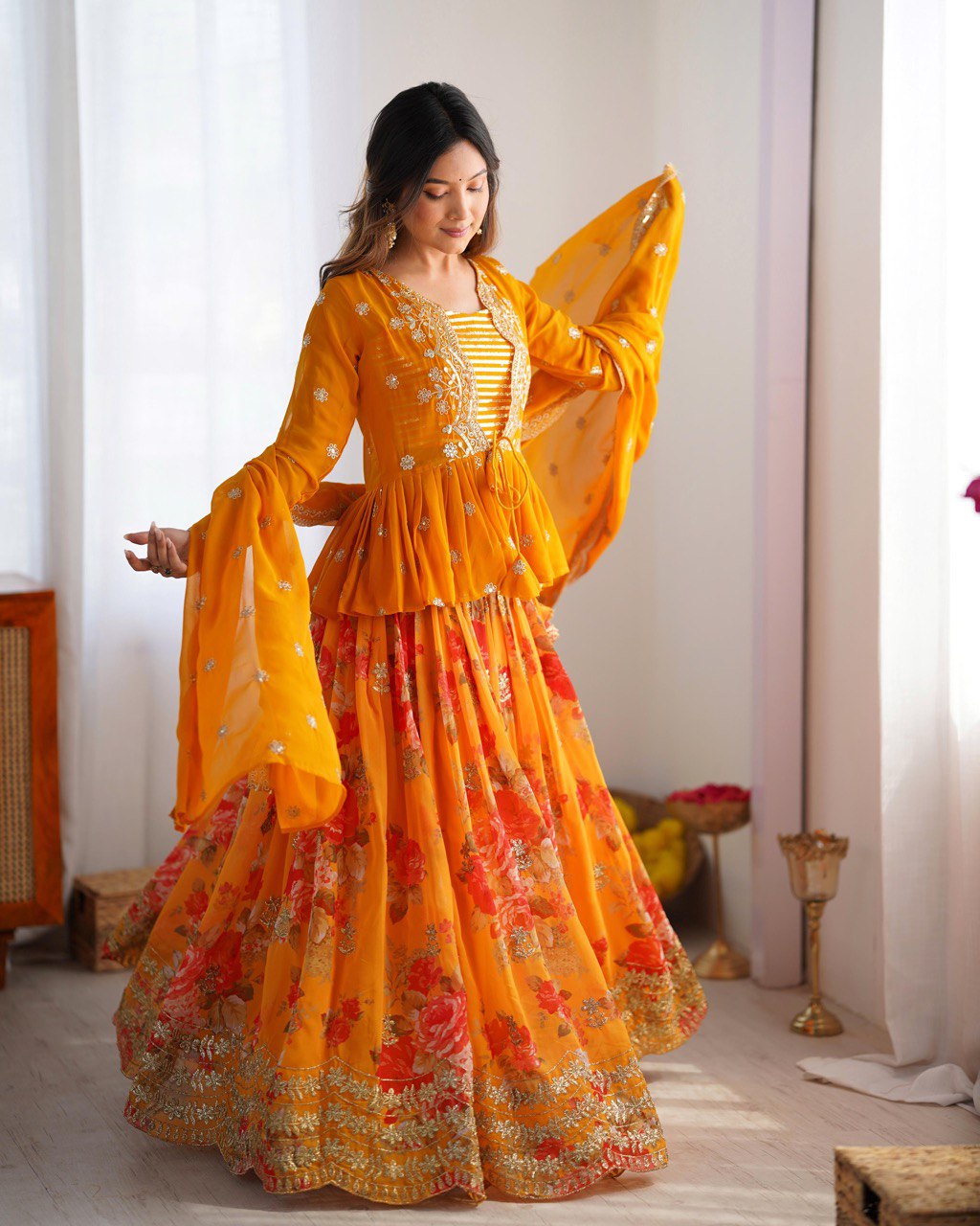 Orange georgette lehenga choli with koti price