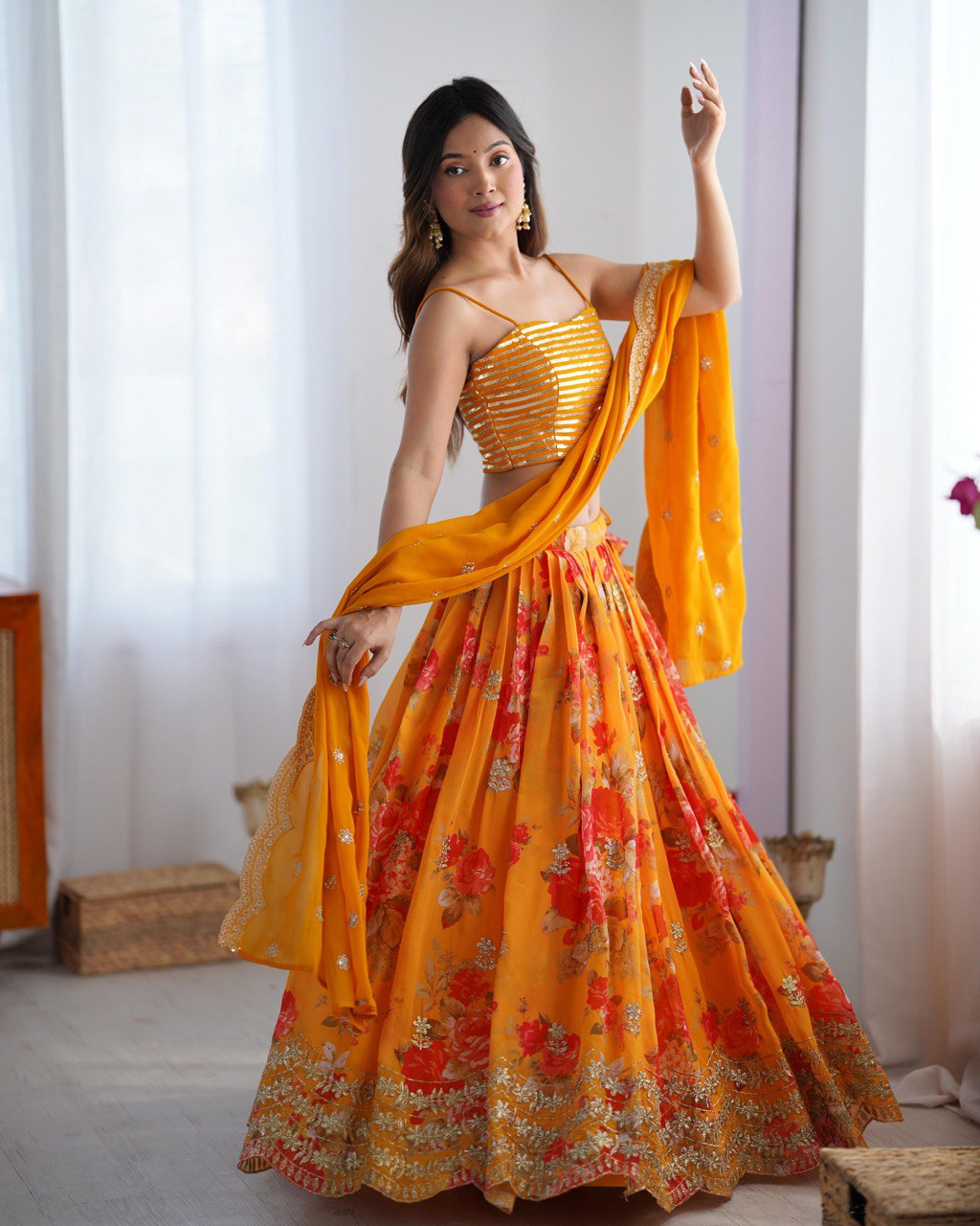 Orange color georgette lehenga choli with koti online shopping