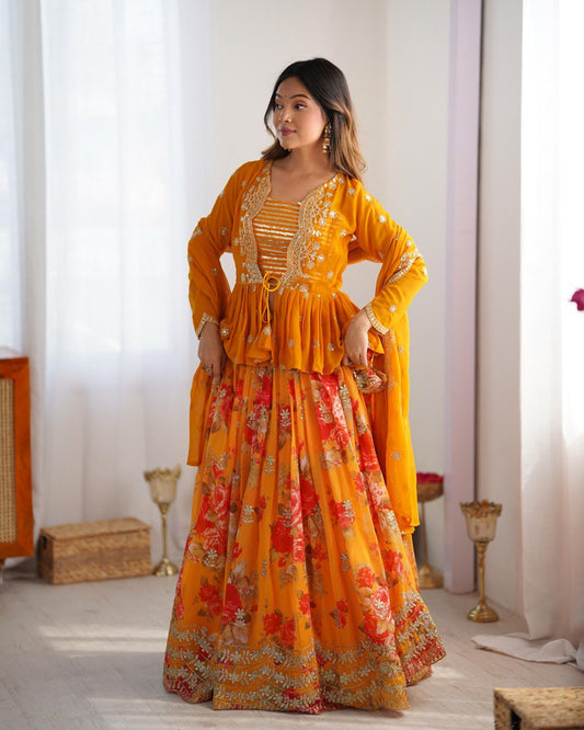 Orange color georgette lehenga choli with koti online