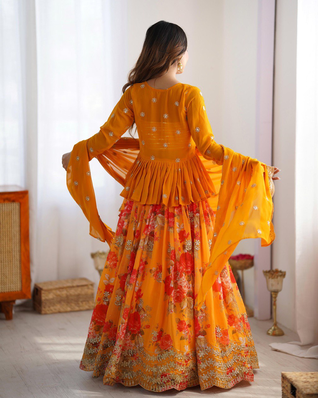 Orange georgette lehenga choli with koti images