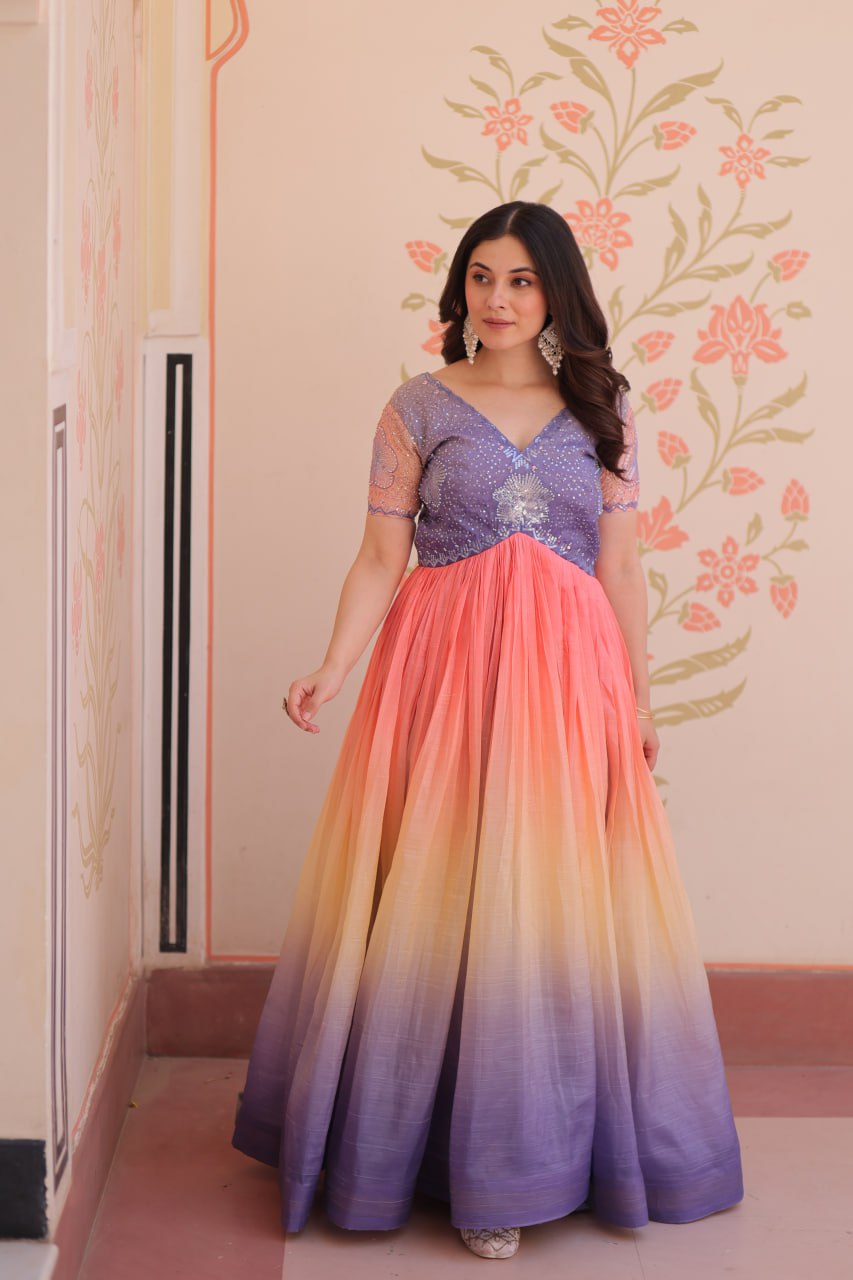 Multi color gold crush gown with online