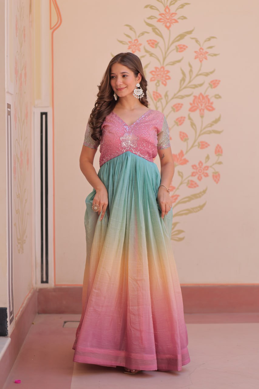 Multi color gold crush gown with online
