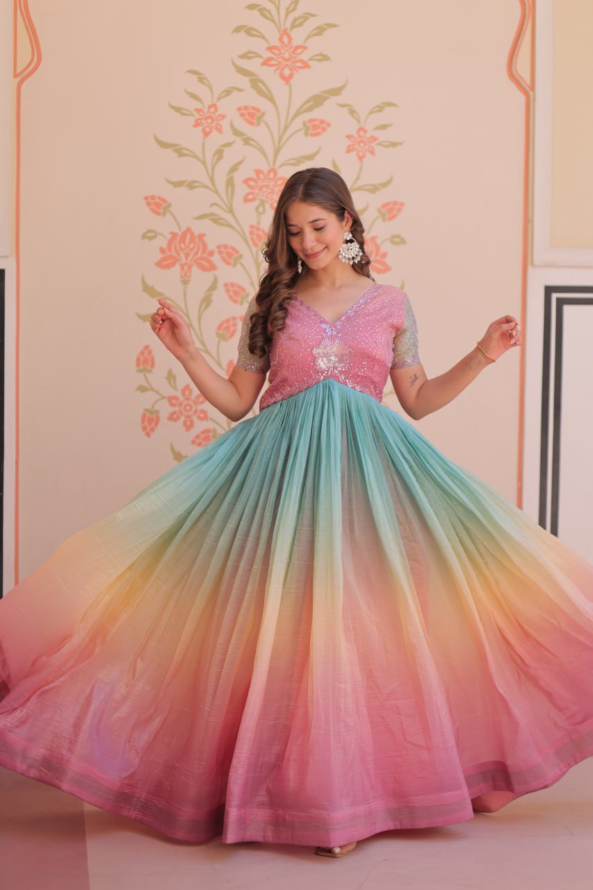 Multi color gold crush gown with price