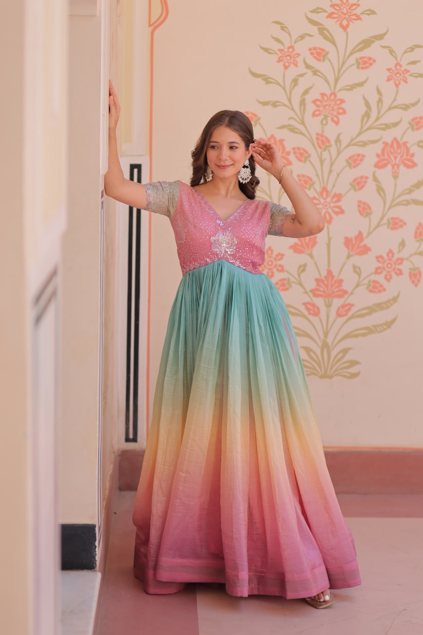 Multi color gold crush gown with online shopping