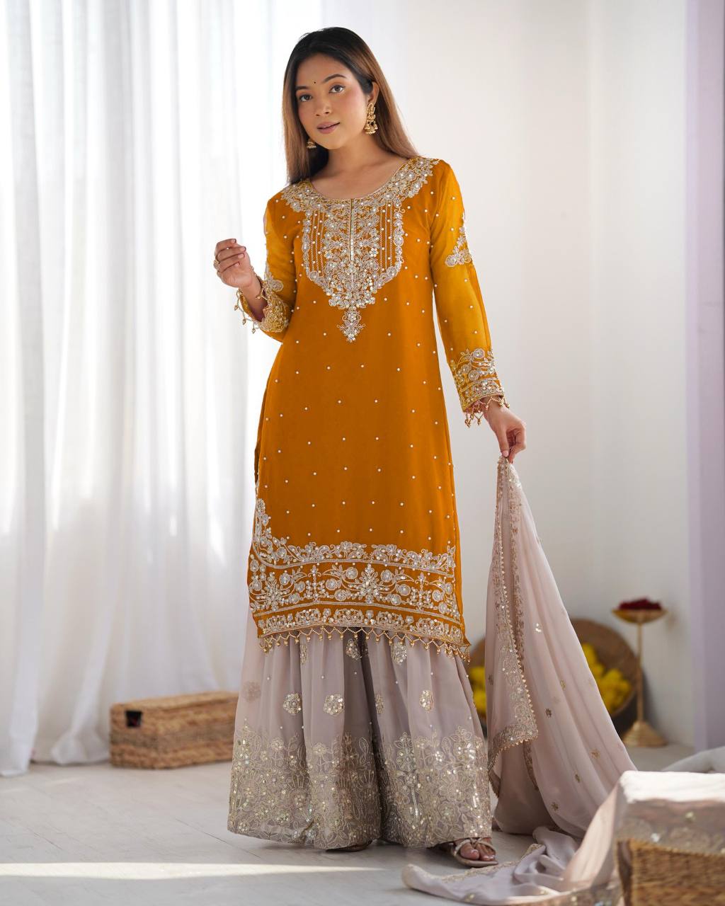Yellow color georgette sharara suit for women