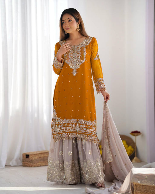 Yellow color georgette sharara suit for wedding