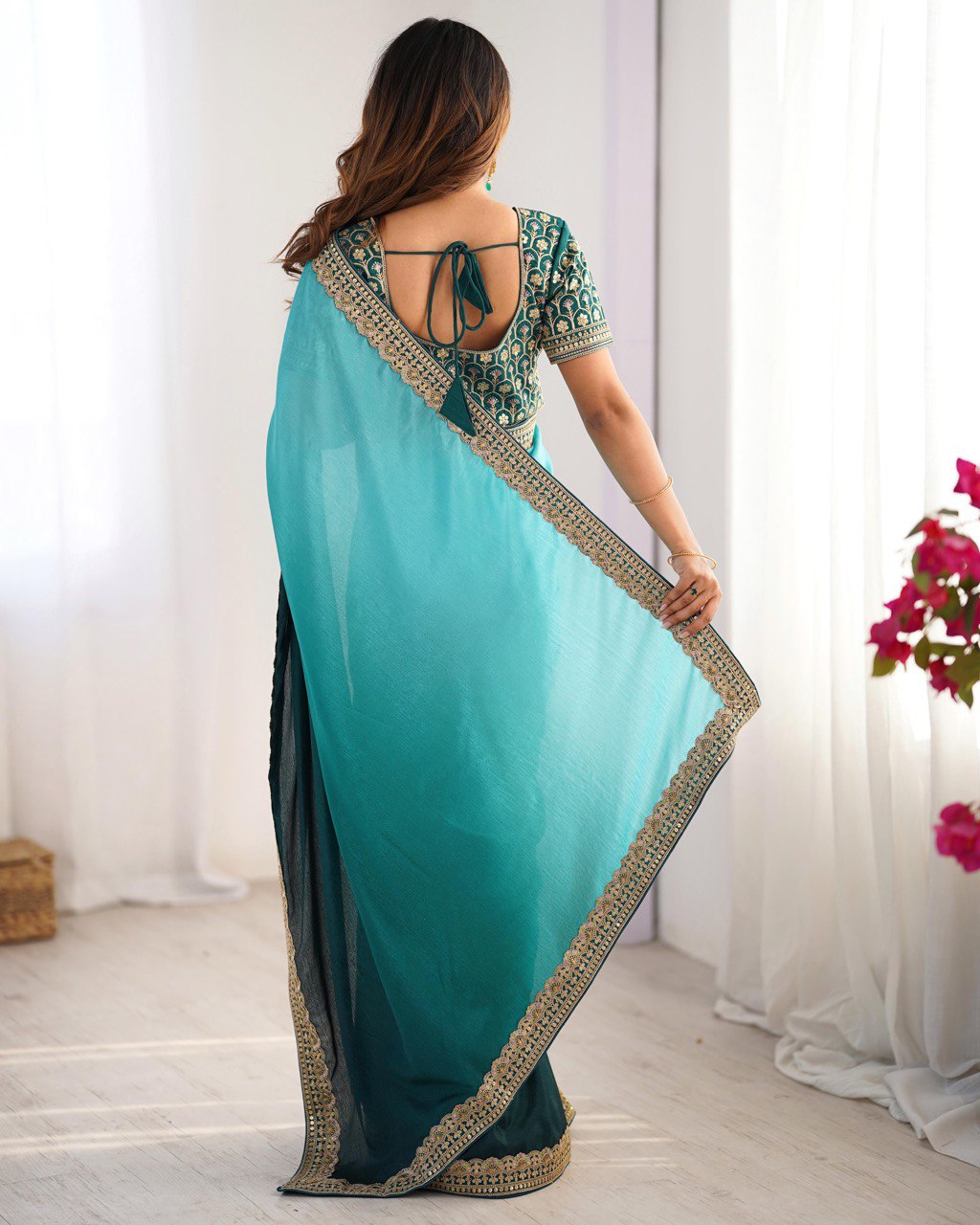 Rama color chinon silk saree with blouse online