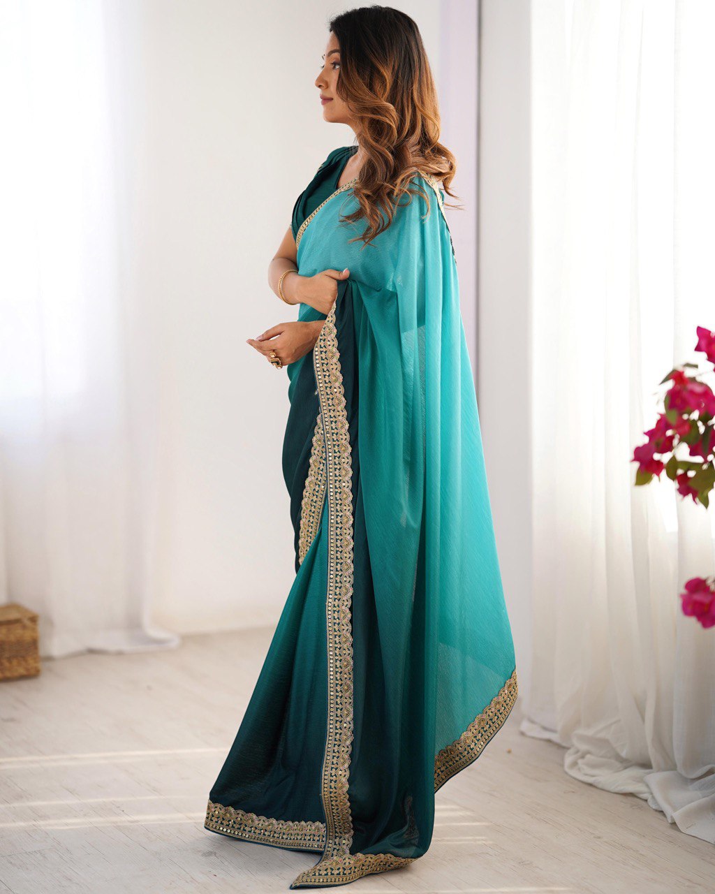 Rama color chinon silk saree with blouse