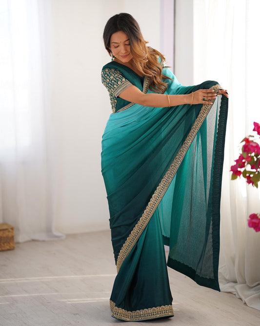 Rama color chinon silk saree for party