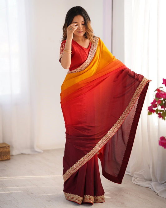 Orange color chinon silk saree for women