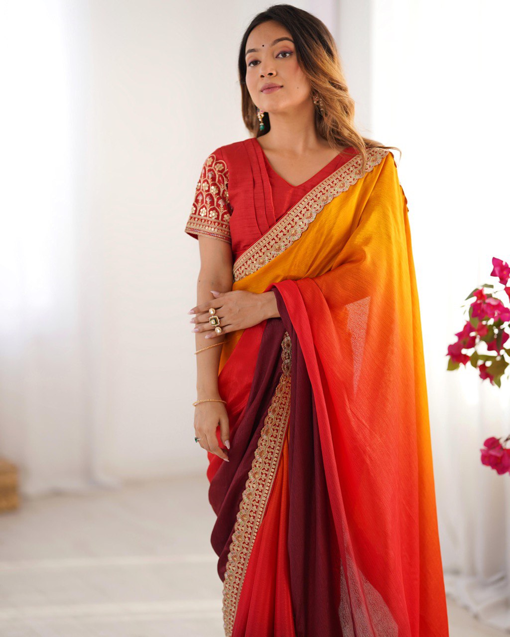 Orange color chinon silk saree wth blouse price