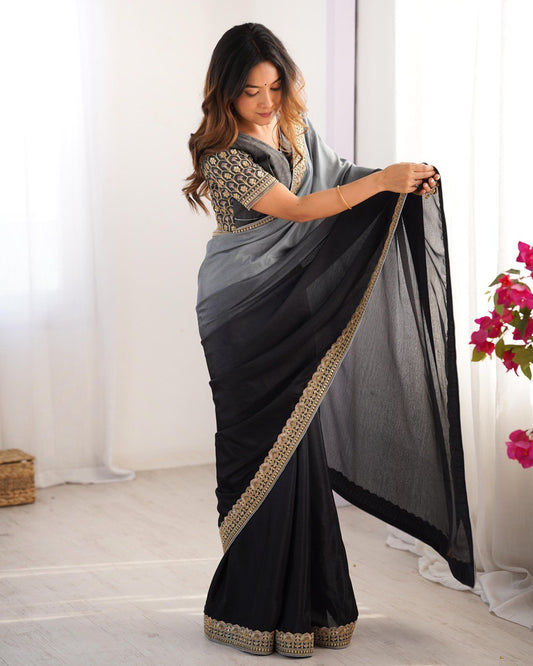 Black color chinon silk saree for party
