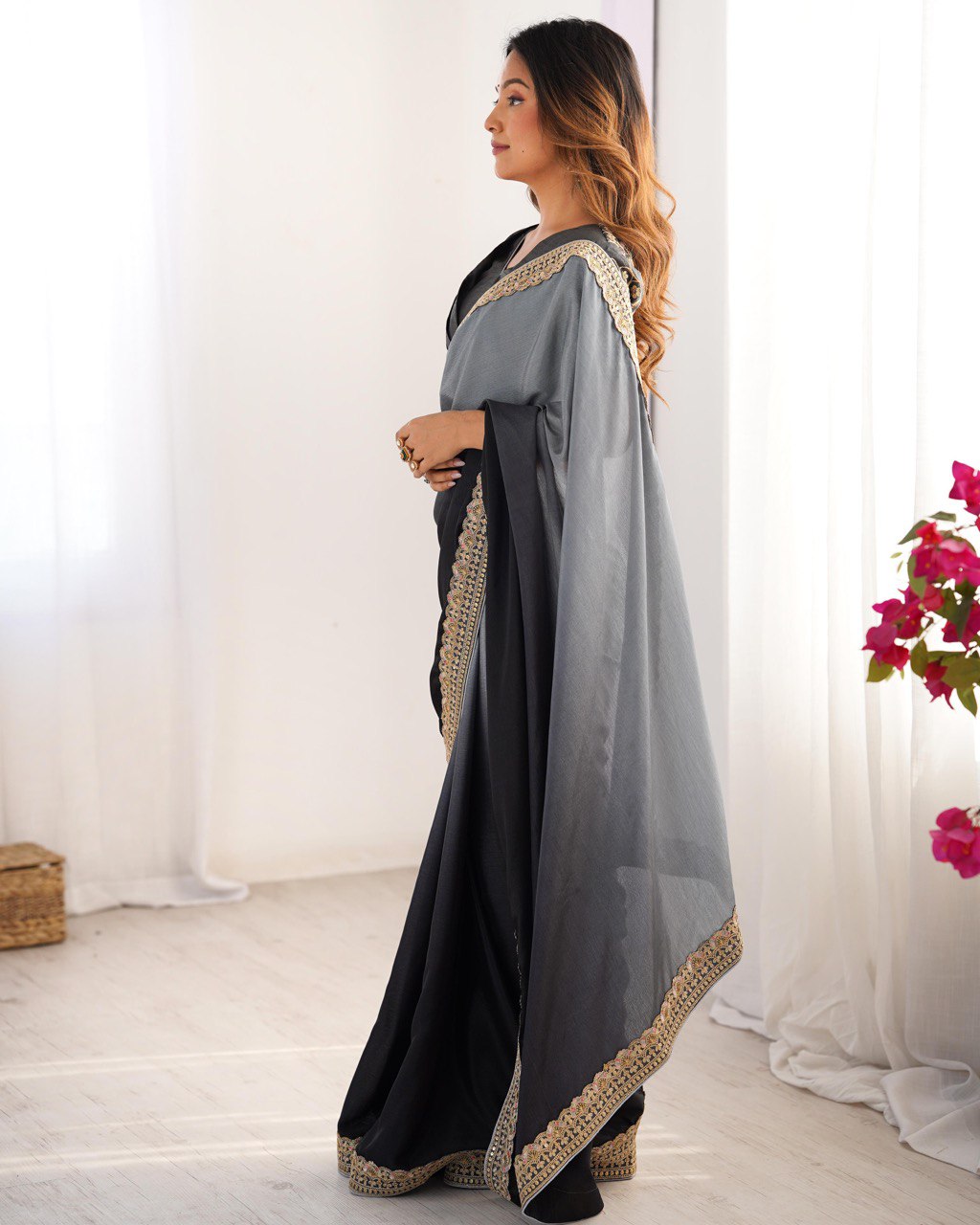 Black color chinon silk saree with blouse price
