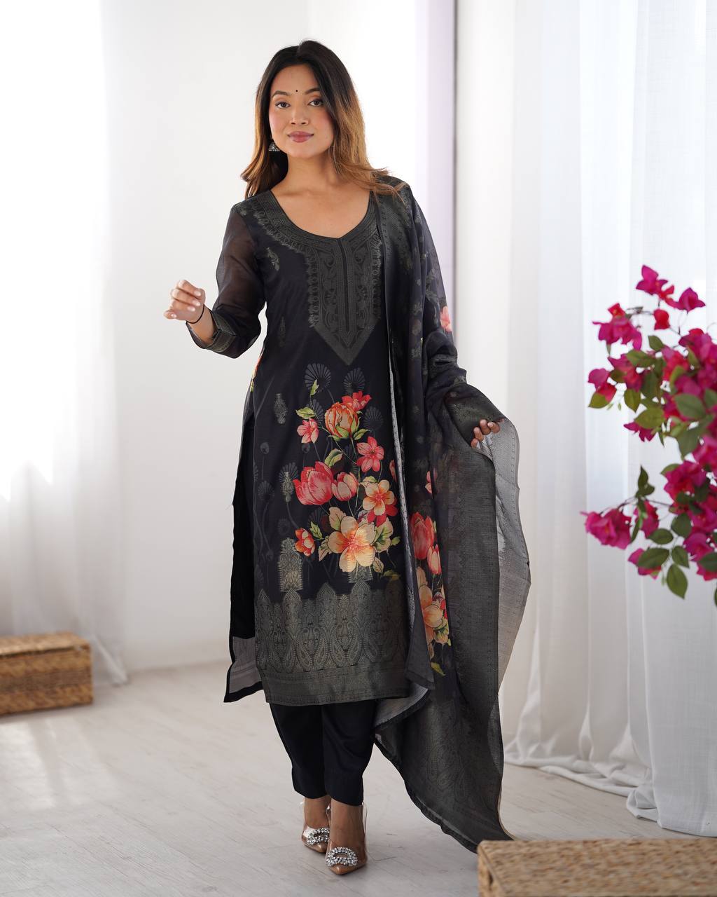 Black color chanderi silk salwar suit