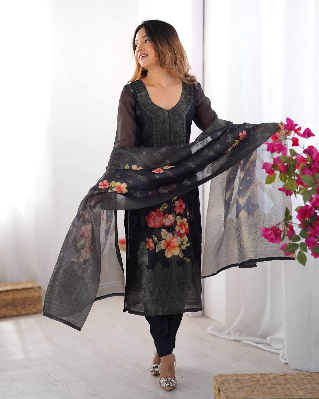 Black color chanderi silk salwar suit price