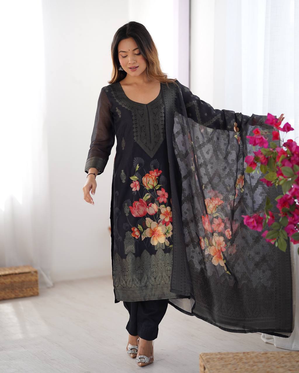 Black color chanderi silk salwar suit readymade